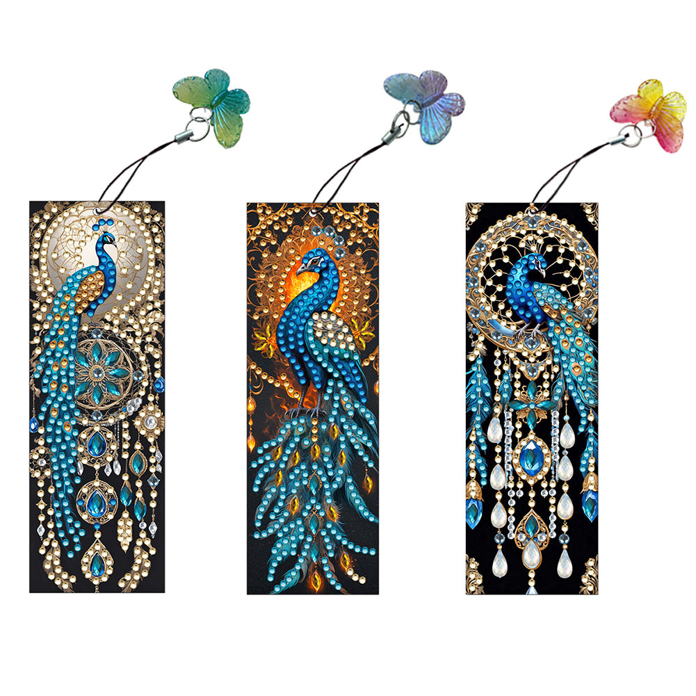 3Pcs Special Shape Peacock Diamond Painting Art Bookmark with Pendant for Books
