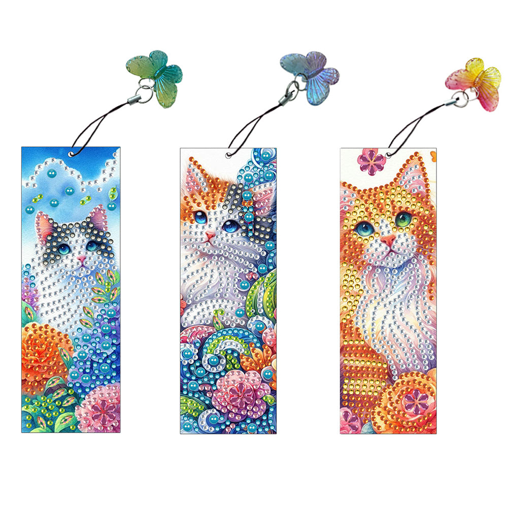 3Pcs Special Shape Cat and Flower Diamond Painting Art Bookmark with Pendant