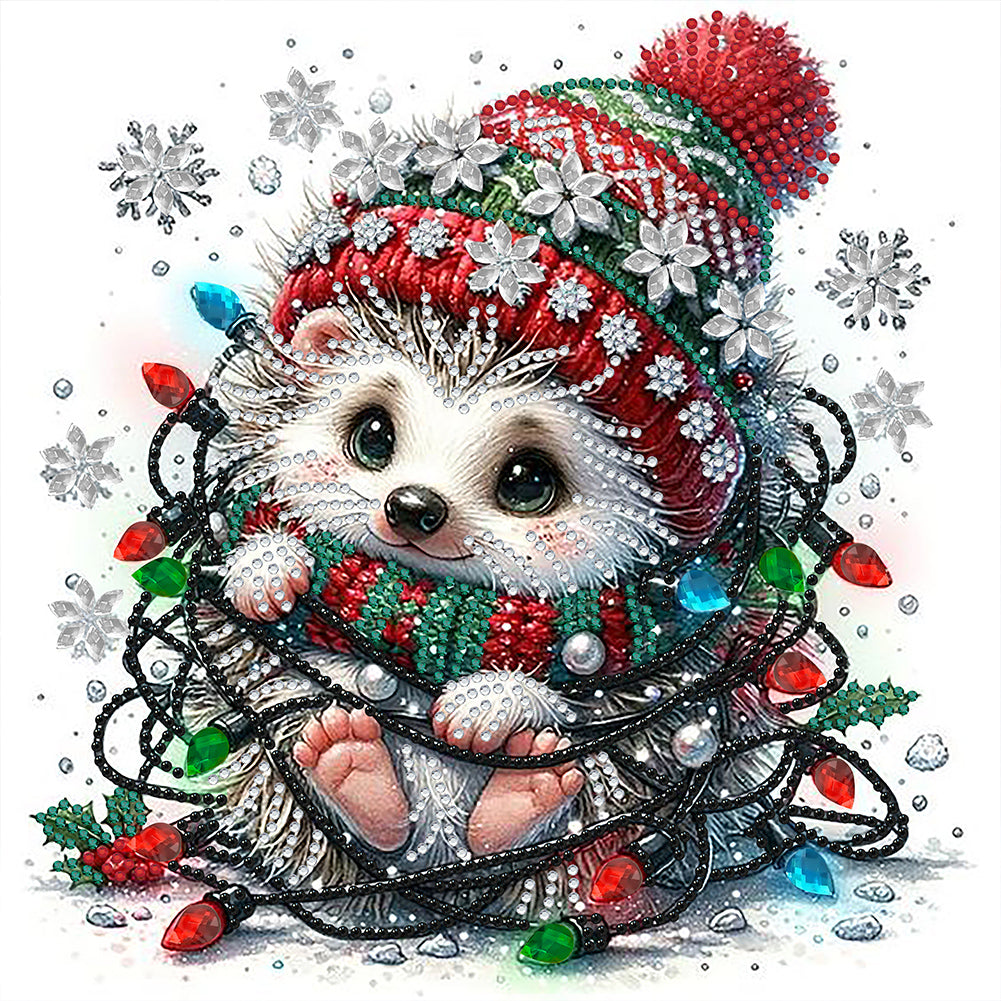 Diamond Painting - Partial Special Shaped - Christmas lights and little hedgehog (30*30CM)