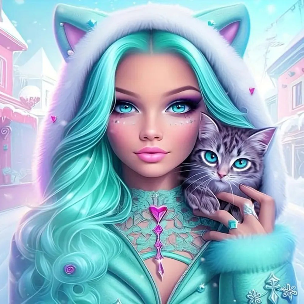 Diamond Painting - Full Round - Cool girl and cat (30*30CM)