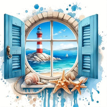 Load image into Gallery viewer, Diamond Painting - Full Round - Lighthouse on the sea outside the window (30*30CM)
