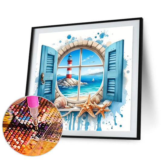 Diamond Painting - Full Round - Lighthouse on the sea outside the window (30*30CM)
