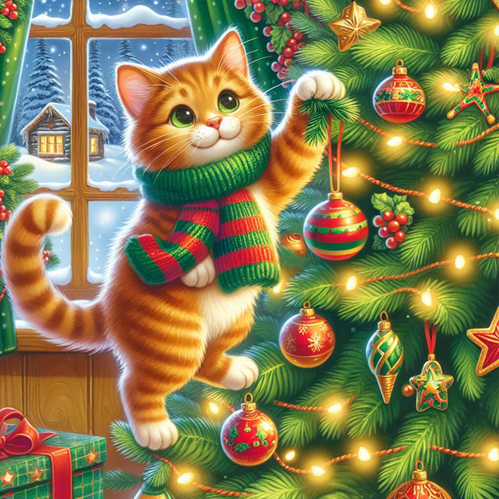 Diamond Painting - Full Round - Cat climbing Christmas tree (30*30CM)