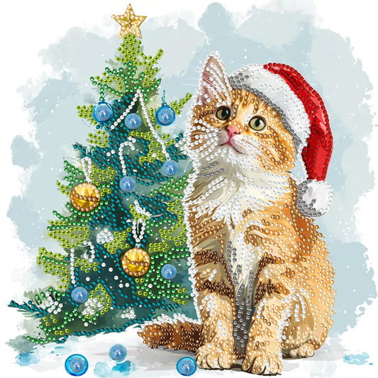 Diamond Painting - Partial Special Shaped - Christmas tree orange cat (30*30CM)
