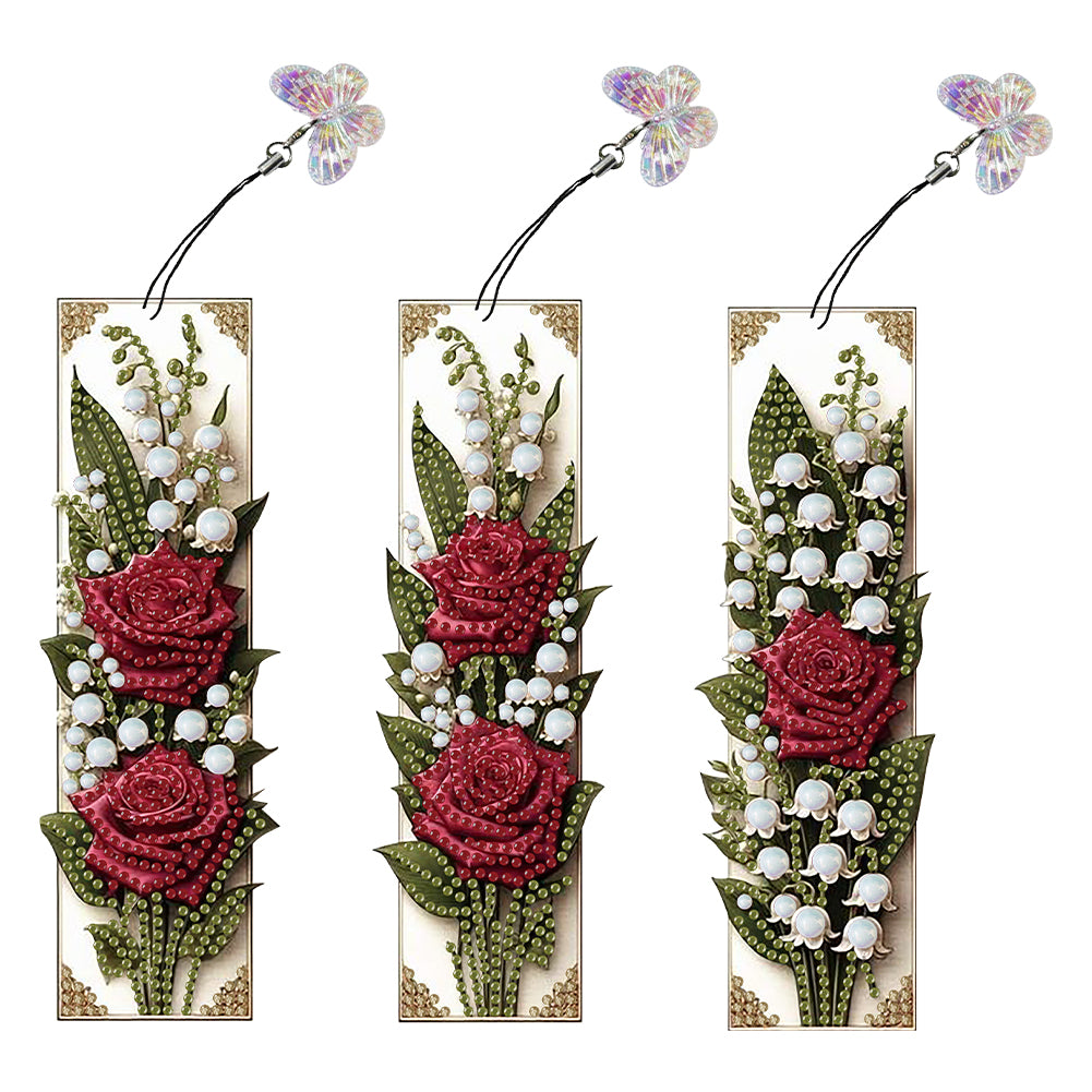 3Pcs Special Shape Red Rose Diamond Painting Bookmark Making Kit for Book Lovers