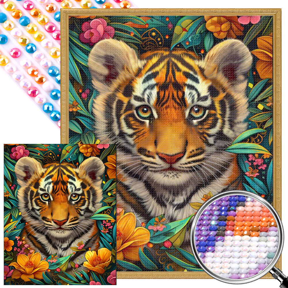 AB Diamond Painting - Full Round - Tiger in the flowers (40*50CM)