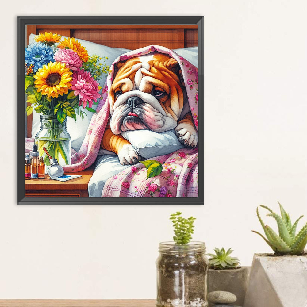 Diamond Painting - Full Round - Pug with a bouquet and melancholy (30*30CM)
