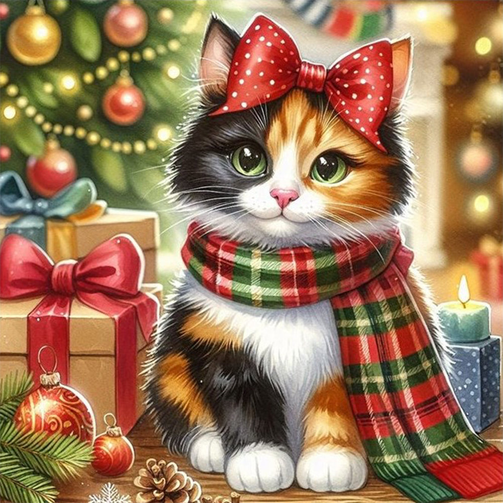 Diamond Painting - Full Round - Christmas tricolor cat (30*30CM)