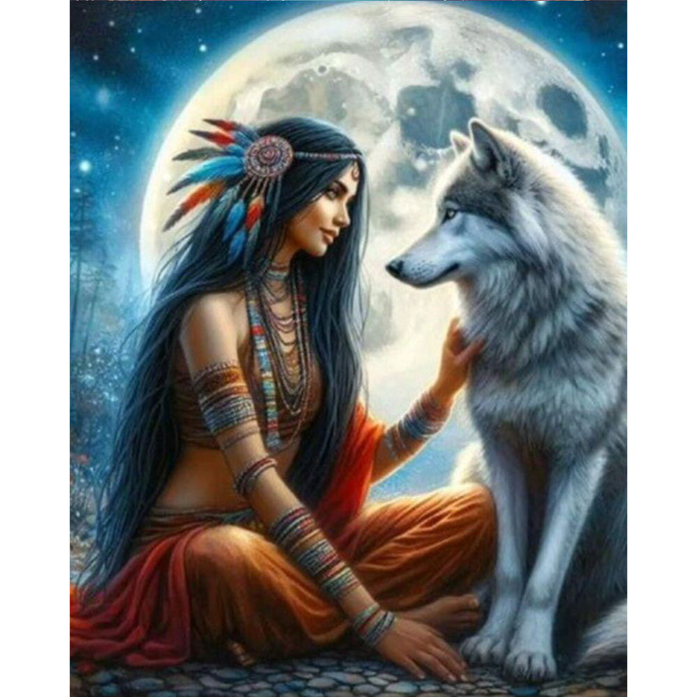 Diamond Painting - Full Round - Indian woman and wolf (40*50CM)
