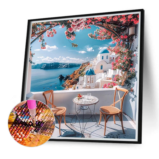 Diamond Painting - Full Round - Balcony under the flowers on the seaside (40*40CM)