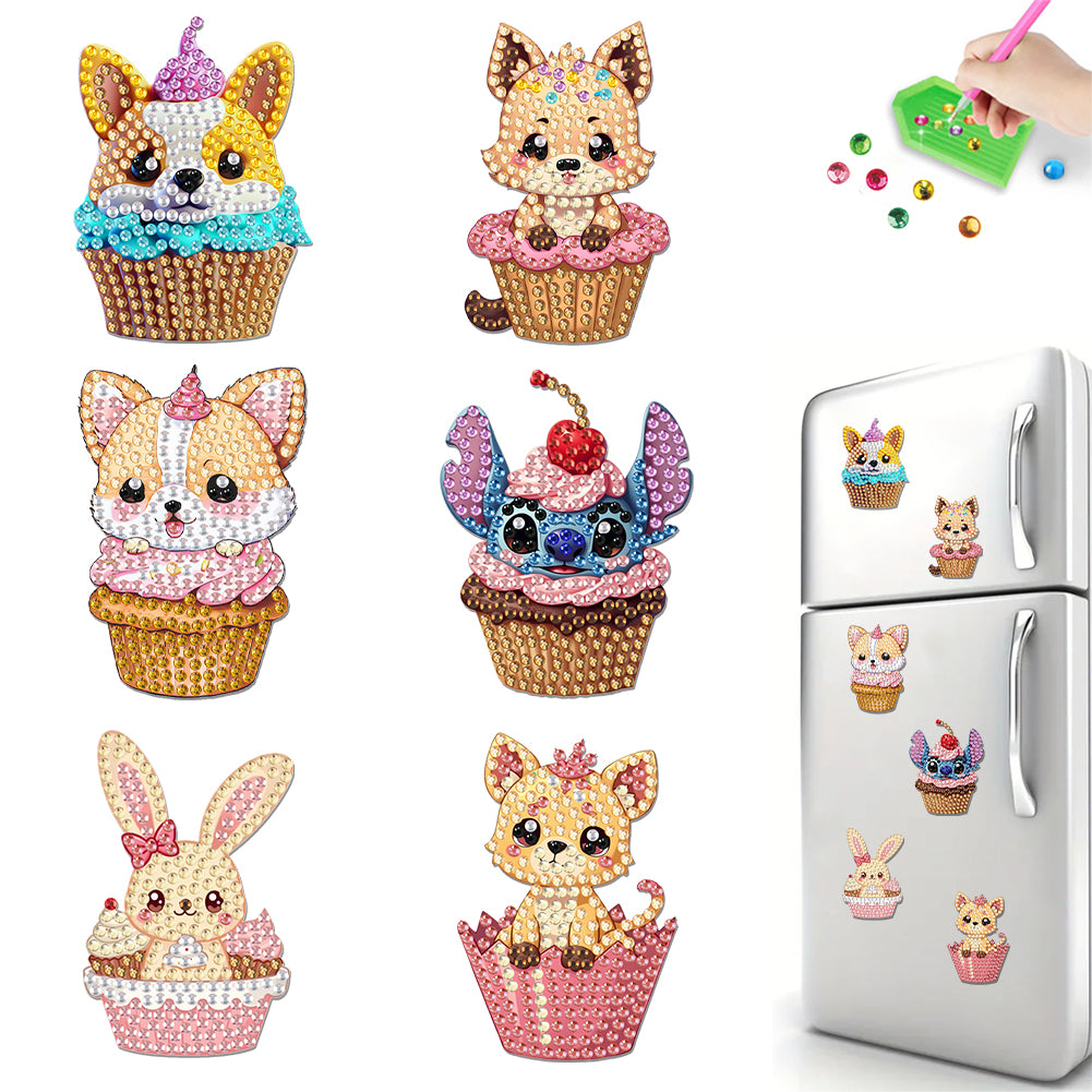 6Pcs Acrylic Cupcake Animals Diamond Art Fridge Magnet for DIY Crafts Party Gift