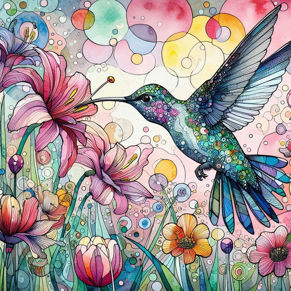 Diamond Painting - Full Round - Pink flower hummingbird (30*30CM)