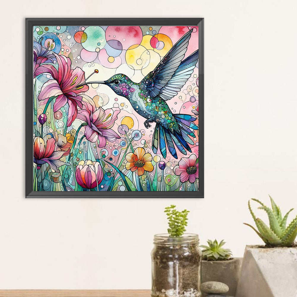 Diamond Painting - Full Round - Pink flower hummingbird (30*30CM)