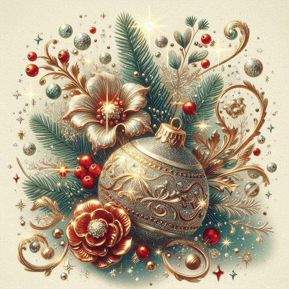 Diamond Painting - Full Round - Golden Christmas ball flower (30*30CM)