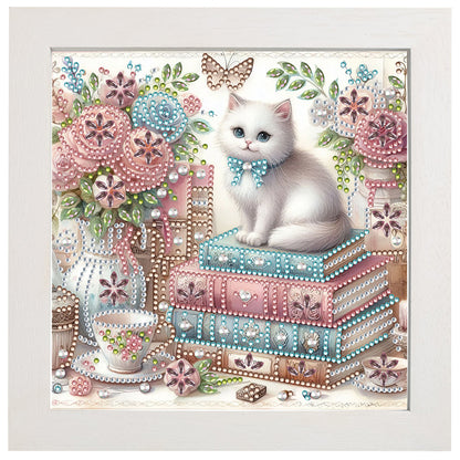 Diamond Painting - Partial Special Shaped - Flower white cat (with framed) (2*19.2CM)