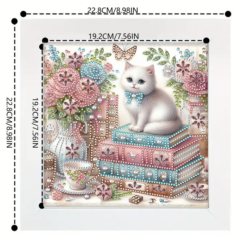 Diamond Painting - Partial Special Shaped - Flower white cat (with framed) (2*19.2CM)