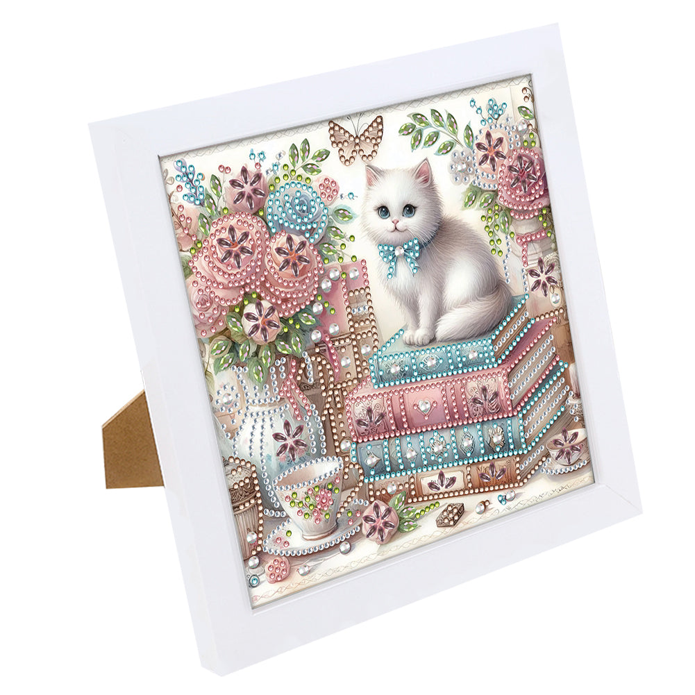Diamond Painting - Partial Special Shaped - Flower white cat (with framed) (2*19.2CM)