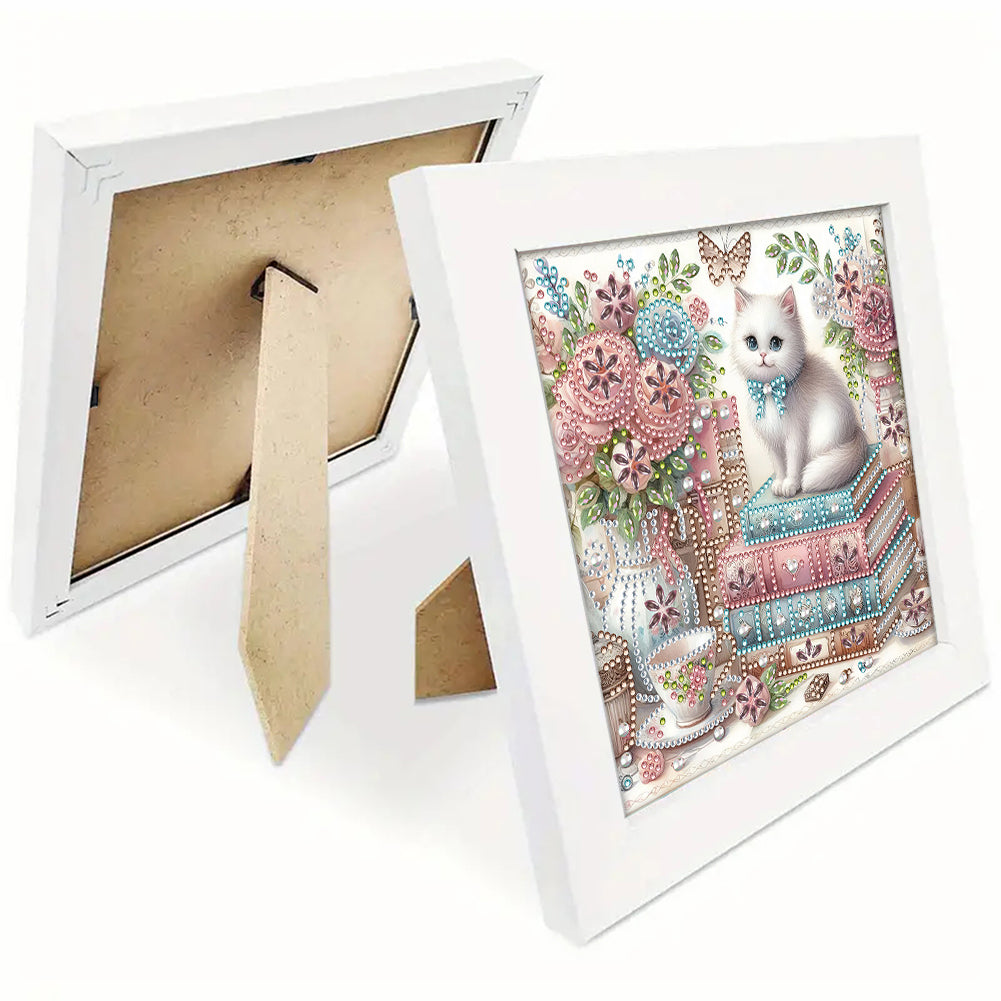 Diamond Painting - Partial Special Shaped - Flower white cat (with framed) (2*19.2CM)