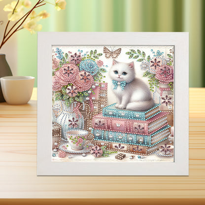 Diamond Painting - Partial Special Shaped - Flower white cat (with framed) (2*19.2CM)