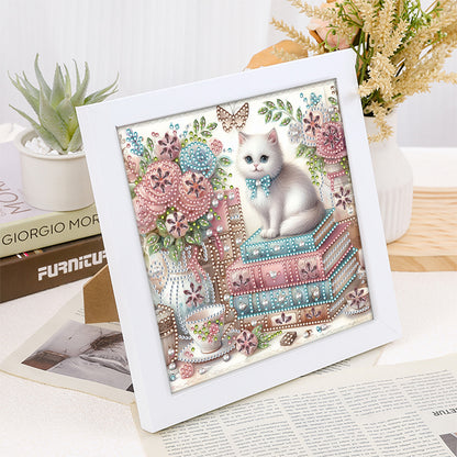 Diamond Painting - Partial Special Shaped - Flower white cat (with framed) (2*19.2CM)