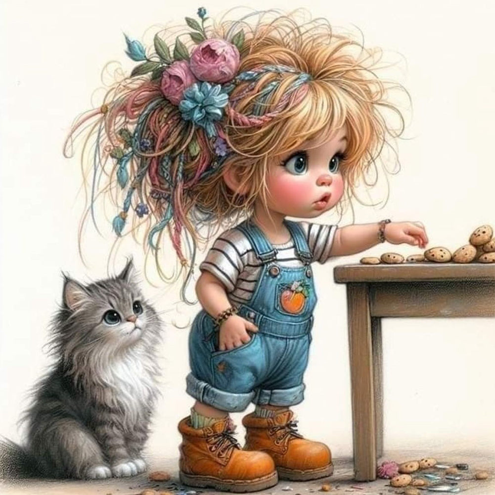 Diamond Painting - Full Round - Girl with biscuits and kitten (40*40CM)