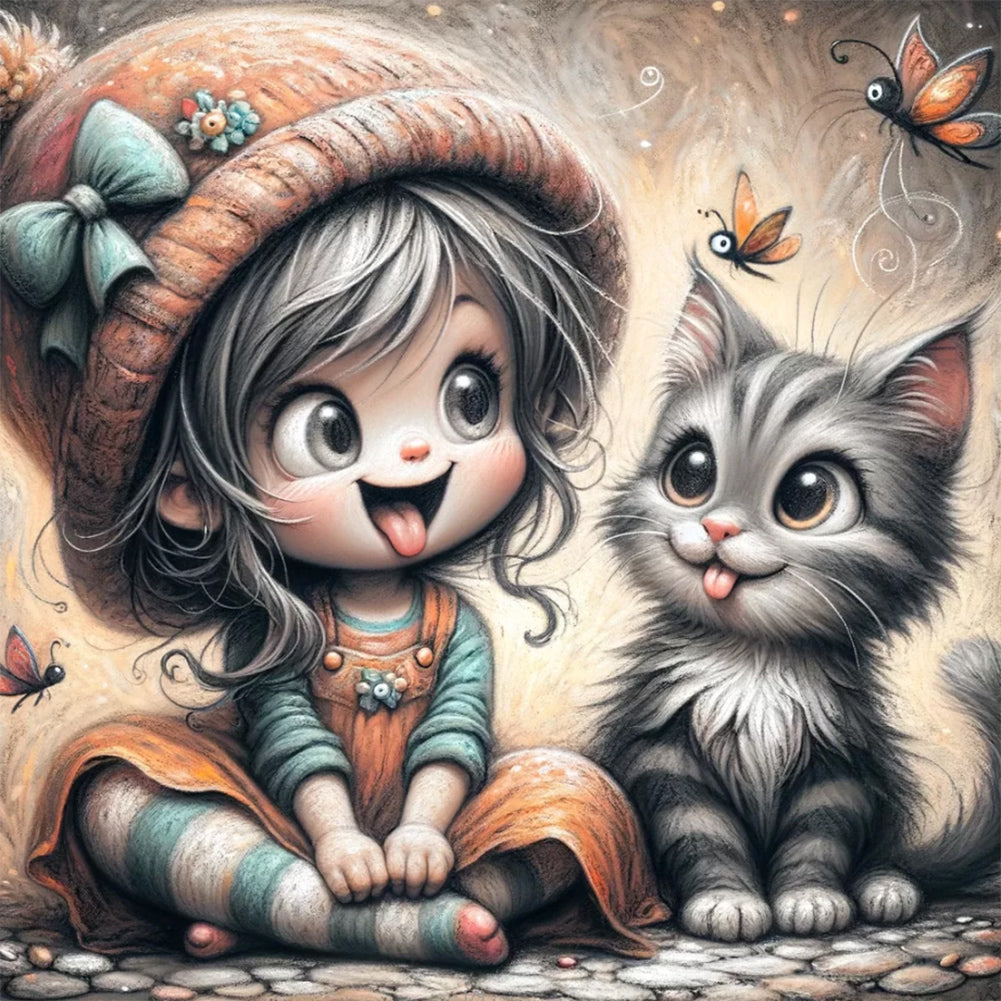 Diamond Painting - Full Round - Kitten and girl (40*40CM)