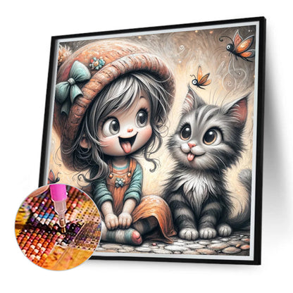Diamond Painting - Full Round - Kitten and girl (40*40CM)