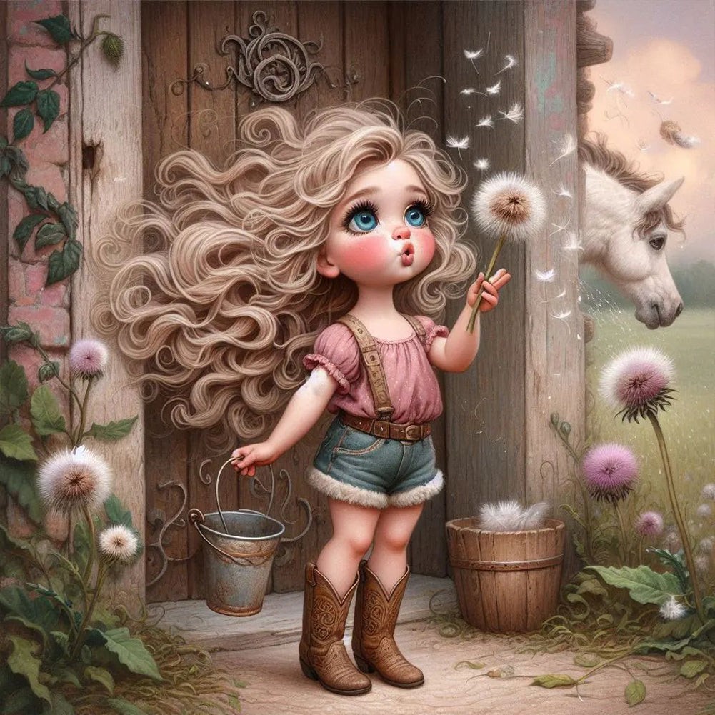 Diamond Painting - Full Round - Dandelion cowboy girl white horse (40*40CM)