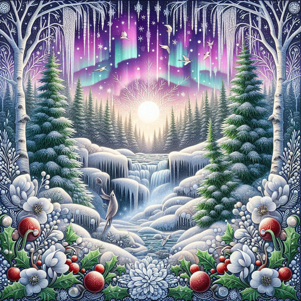 Diamond Painting - Full Round - Winter aurora snow scene (40*40CM)
