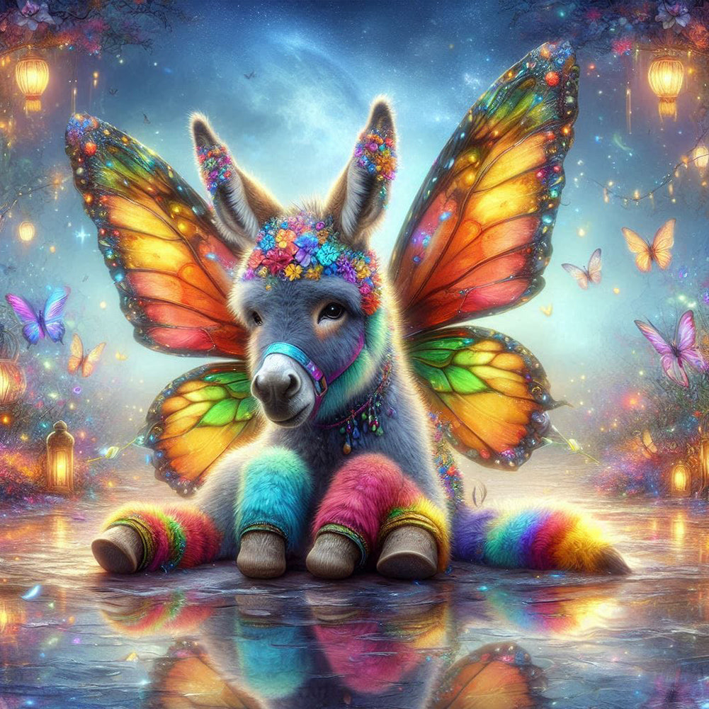 Diamond Painting - Full Round - Colorful feather butterfly donkey (40*40CM)