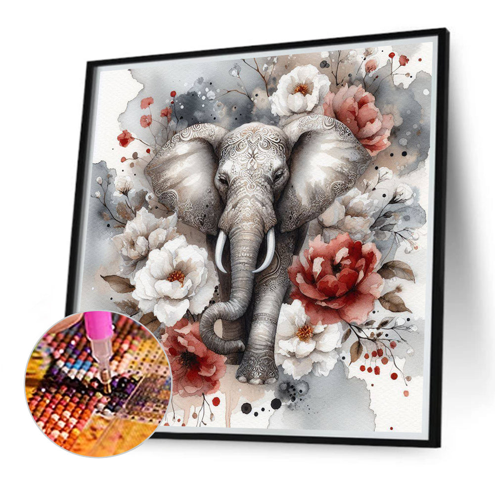 Diamond Painting - Full Round - Red and white peony elephant (40*40CM)