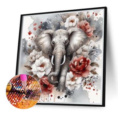 Diamond Painting - Full Round - Red and white peony elephant (40*40CM)