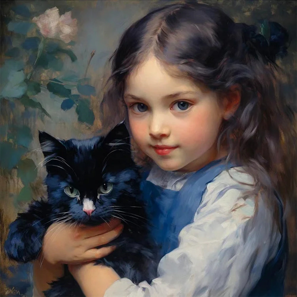 Diamond Painting - Full Round - Oil painting girl black cat (30*30CM)