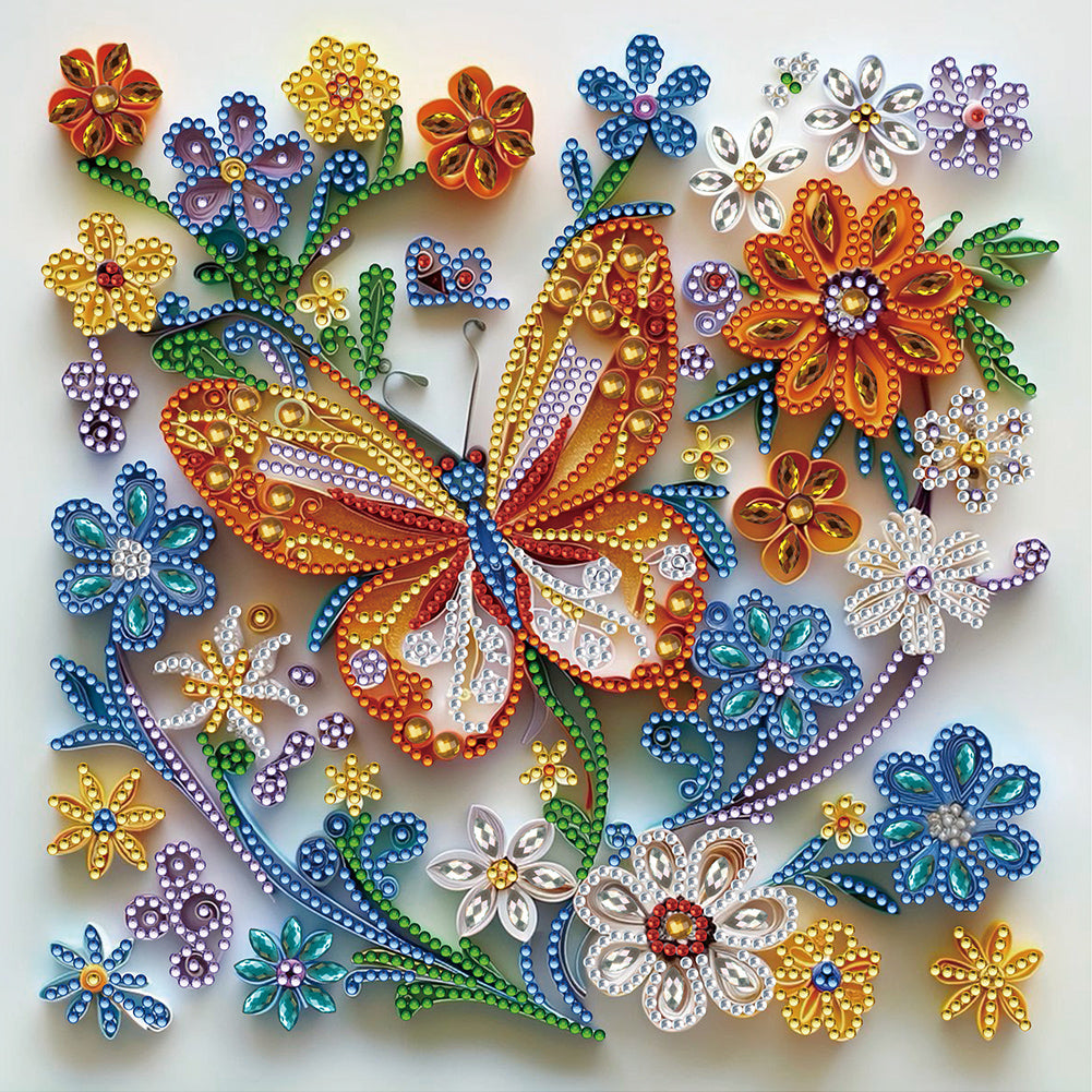 Diamond Painting - Partial Special Shaped - Paper-cut Wind butterfly flower (30*30CM)