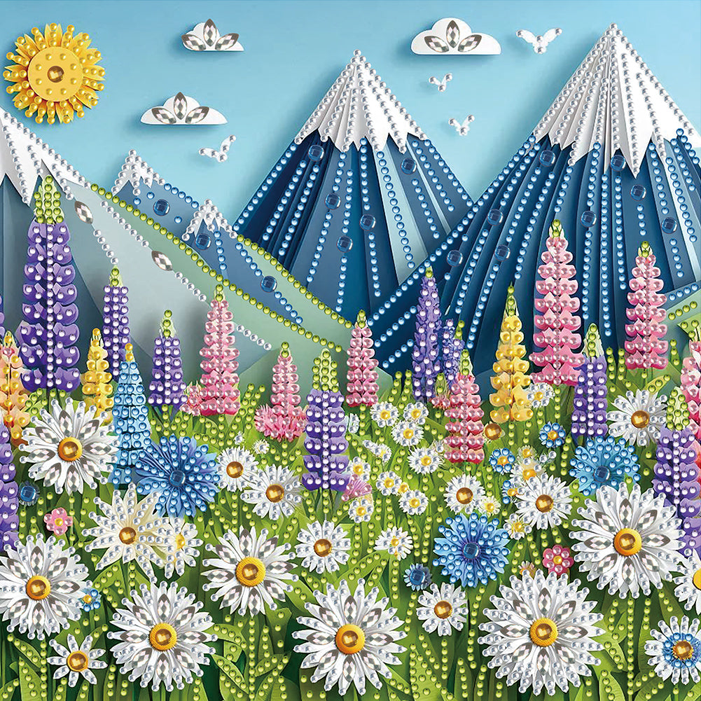 Diamond Painting - Partial Special Shaped - Paper-cut wind daisy snow mountain (30*30CM)