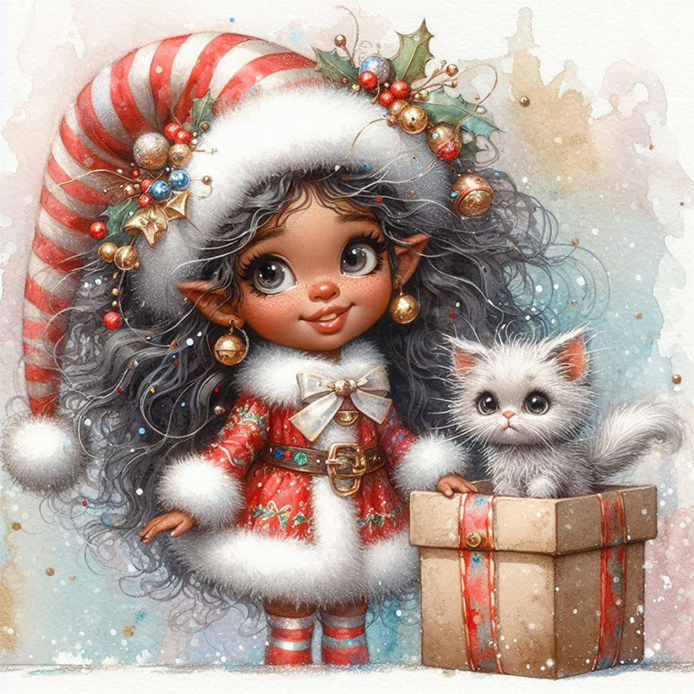 Diamond Painting - Full Round - Christmas girl and white cat (30*30CM)