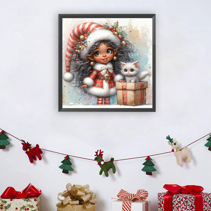 Diamond Painting - Full Round - Christmas girl and white cat (30*30CM)