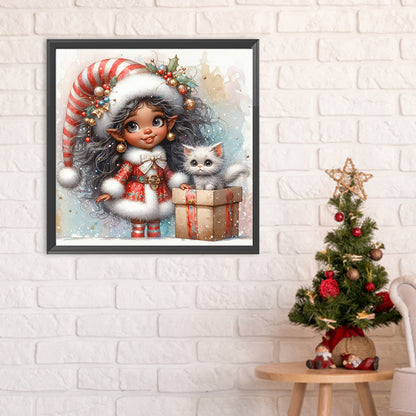 Diamond Painting - Full Round - Christmas girl and white cat (30*30CM)