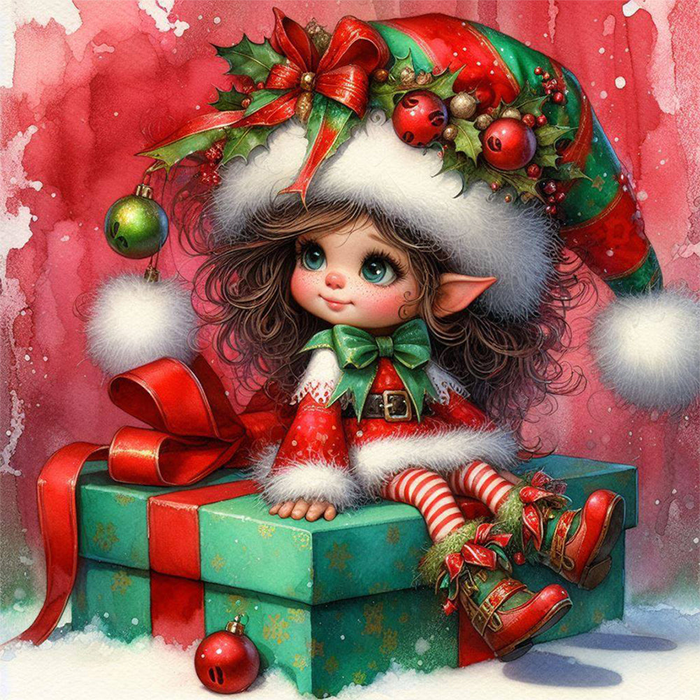 Diamond Painting - Full Round - Christmas curly-haired elf girl (30*30CM)