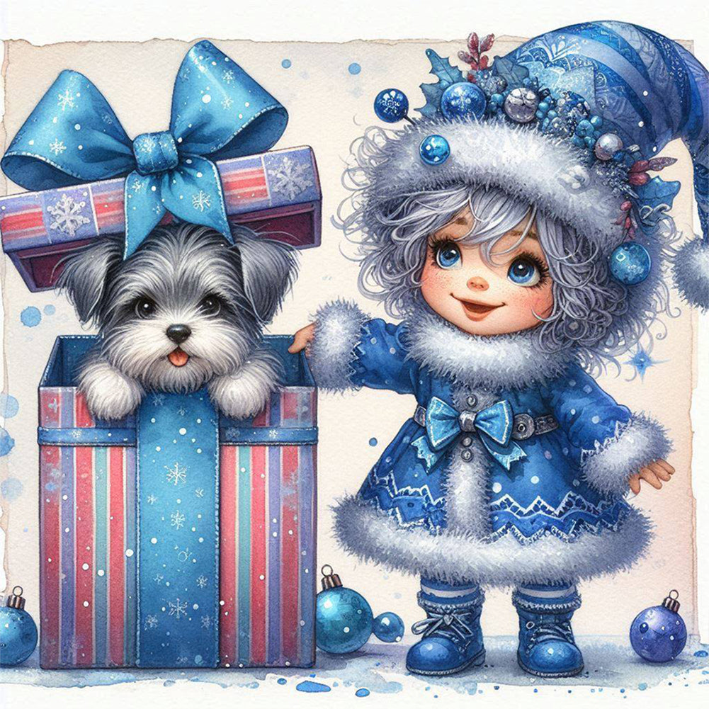 Diamond Painting - Full Round - Christmas white-haired girl and dog (30*30CM)