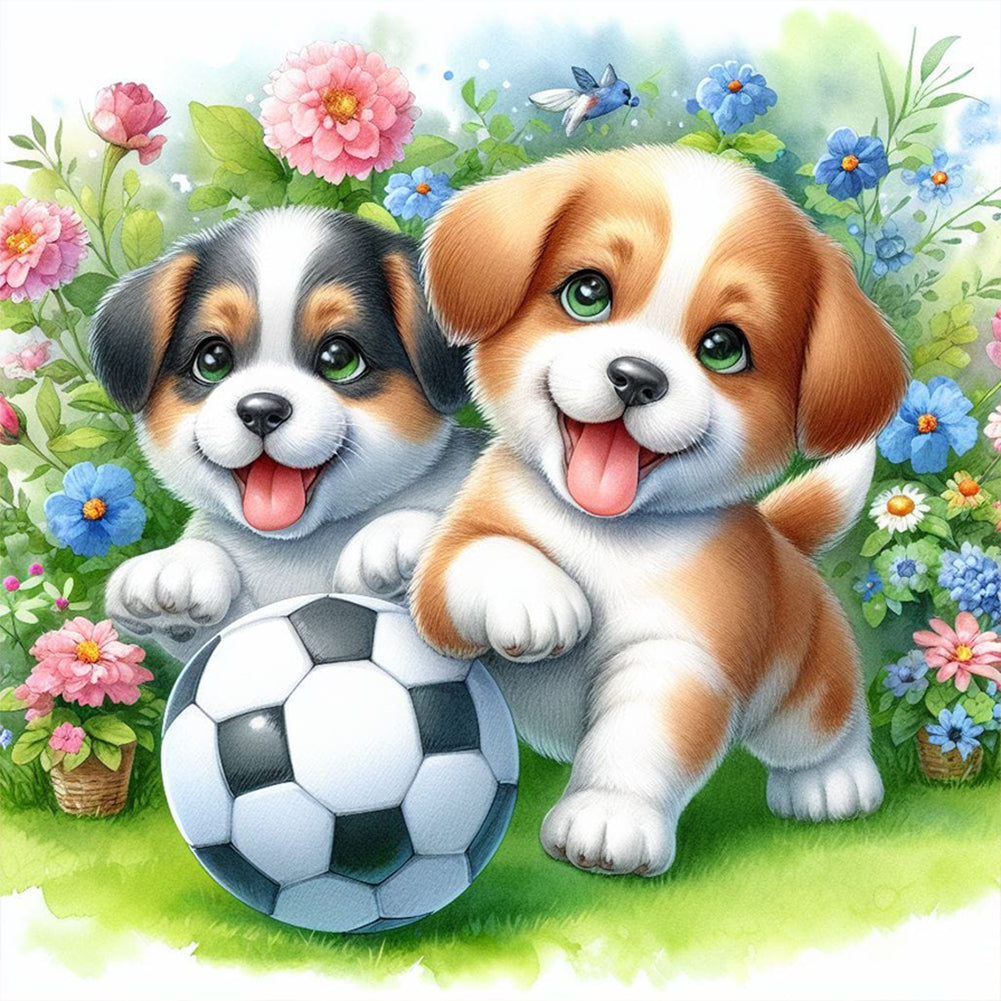 Diamond Painting - Full Round - Two dogs football in the grass (30*30CM)