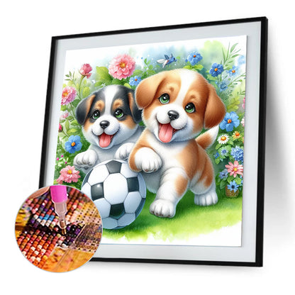 Diamond Painting - Full Round - Two dogs football in the grass (30*30CM)