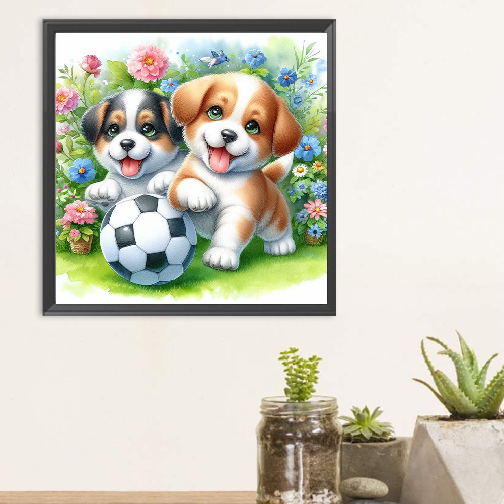 Diamond Painting - Full Round - Two dogs football in the grass (30*30CM)