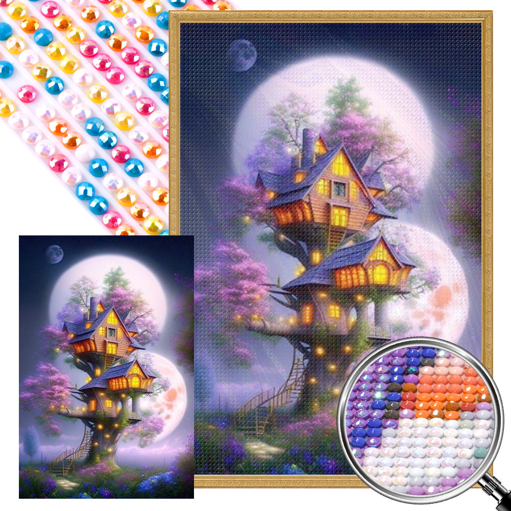 AB Diamond Painting - Full Round - Mysterious Tree House Under the Moon (40*60CM)