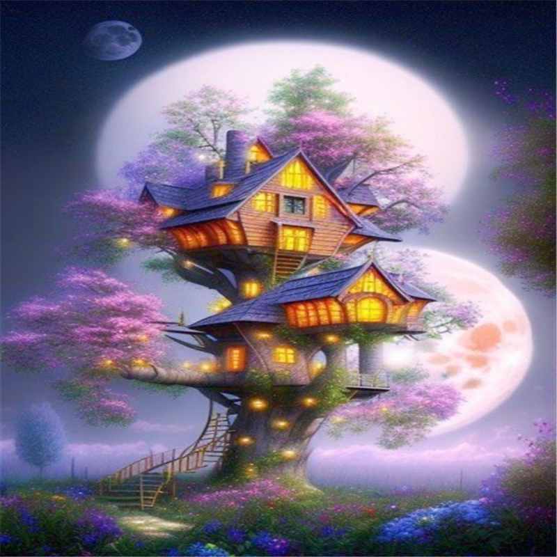 AB Diamond Painting - Full Round - Mysterious Tree House Under the Moon (40*60CM)