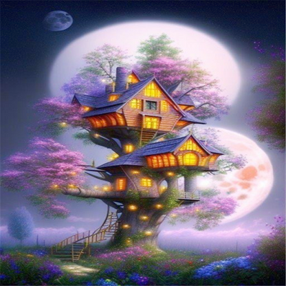 AB Diamond Painting - Full Round - Mysterious Tree House Under the Moon (40*60CM)