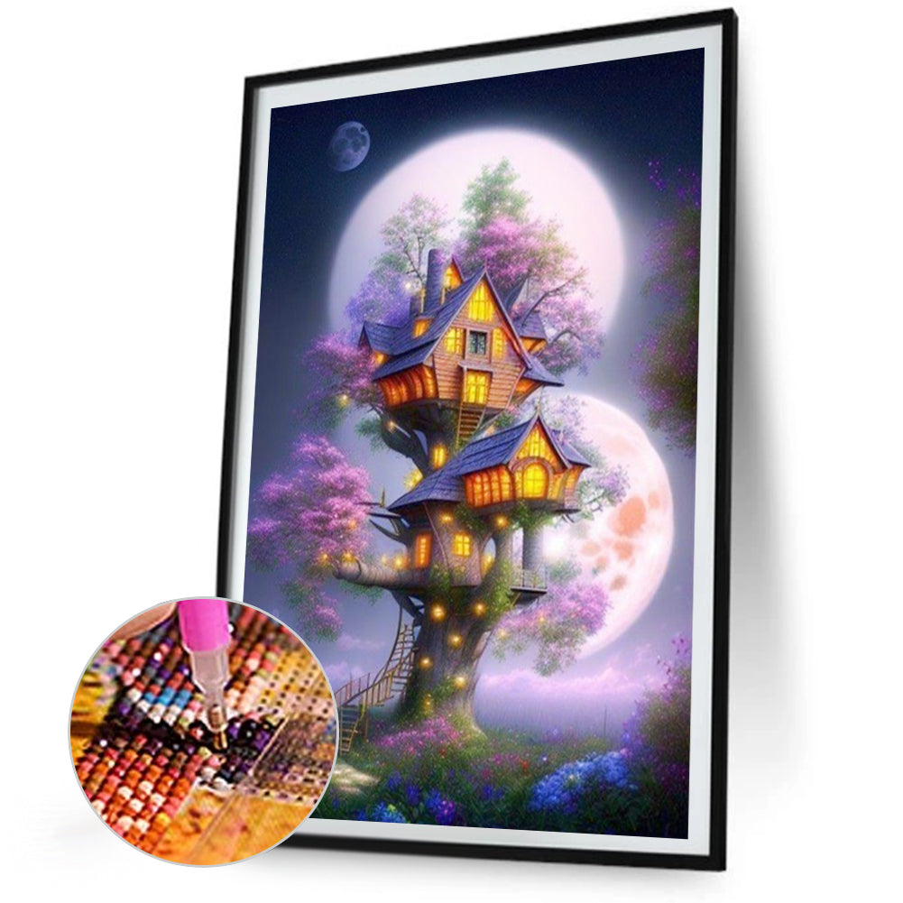AB Diamond Painting - Full Round - Mysterious Tree House Under the Moon (40*60CM)
