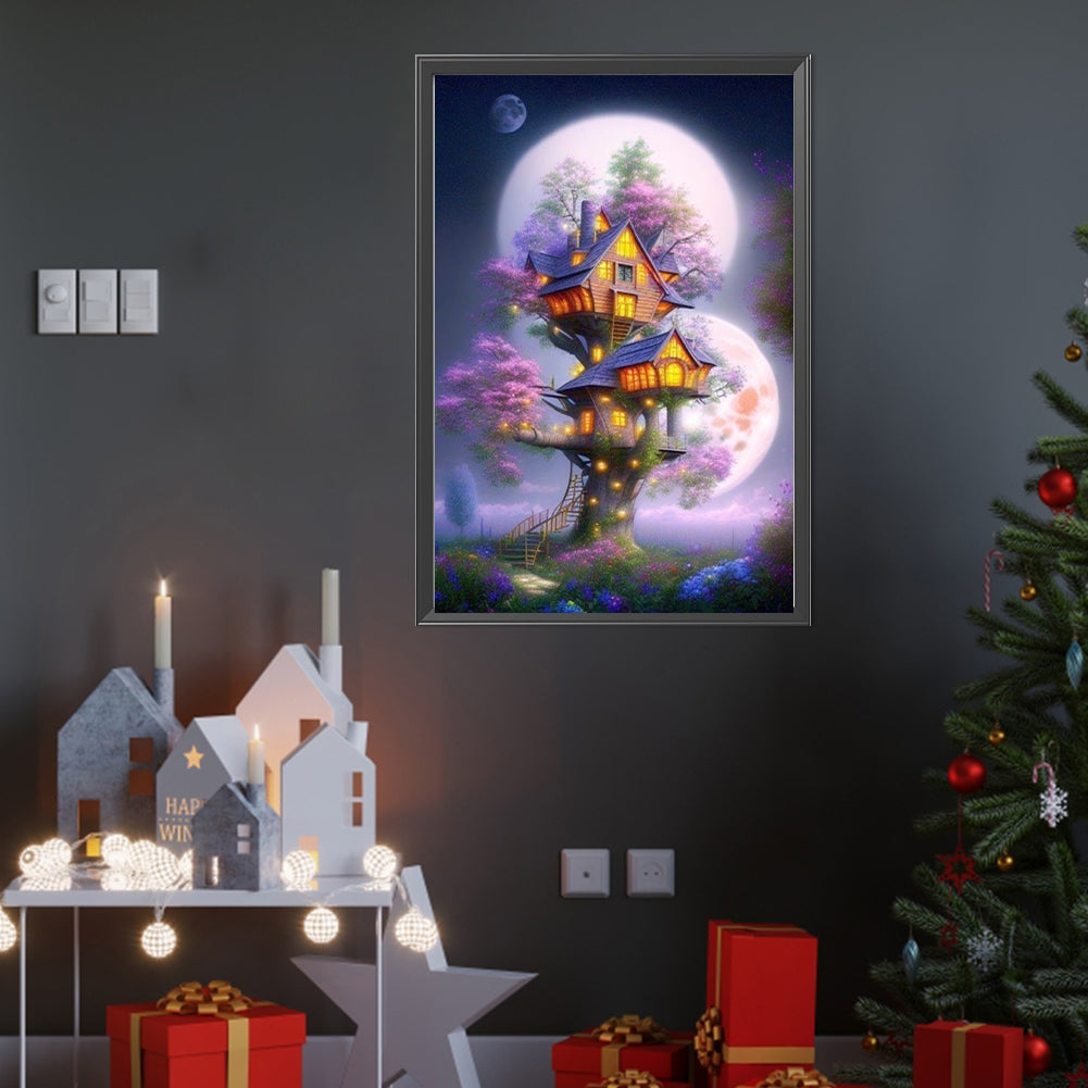 AB Diamond Painting - Full Round - Mysterious Tree House Under the Moon (40*60CM)
