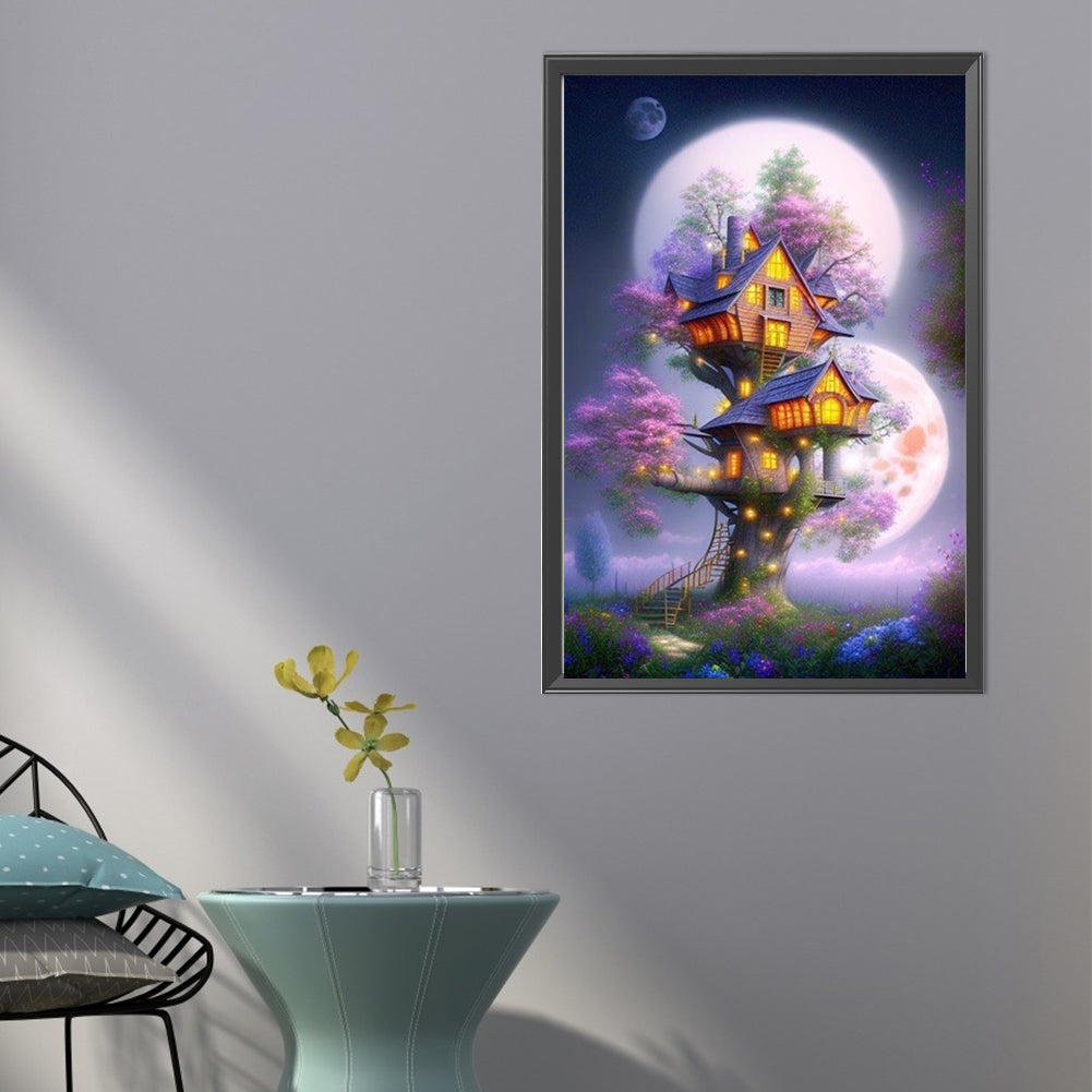 AB Diamond Painting - Full Round - Mysterious Tree House Under the Moon (40*60CM)