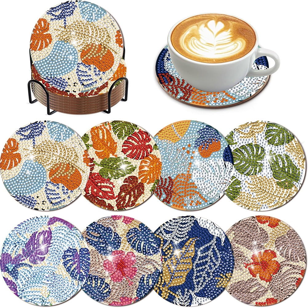 8Pcs Wooden Leaves 5D Diamond Painting Kits Diamond Art Coasters for Party Decor